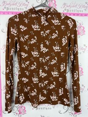 RW&CO. Long sleeve shirt twist tie detail Brown Floral Tie-Neck Long Sleeve Tee